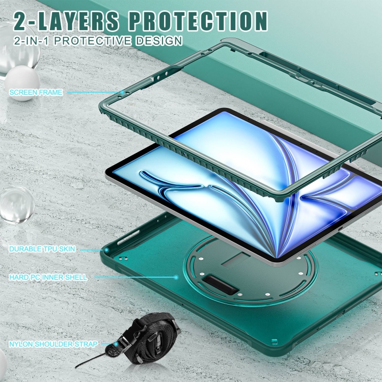 For iPad Air 13 2024 Heavy Duty Hybrid Tablet Case with Hand Grip & Strap(Dark Green) For iPad Air 13 2024 Heavy Duty Hybrid Tablet Case with Hand Grip & Strap(Dark Green)