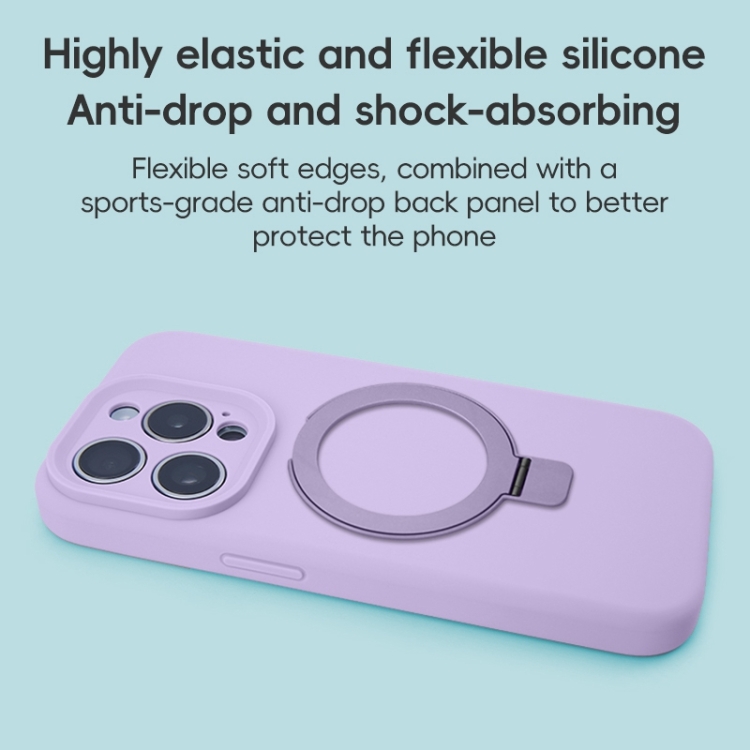 For iPhone 15 Pro Precision Hole Liquid Silicone MagSafe Metal Ring Holder Phone Case(Purple) For iPhone 15 Pro Precision Hole Liquid Silicone MagSafe Metal Ring Holder Phone Case(Purple)