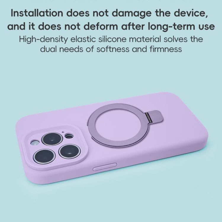 For iPhone 15 Pro Precision Hole Liquid Silicone MagSafe Metal Ring Holder Phone Case(Purple) For iPhone 15 Pro Precision Hole Liquid Silicone MagSafe Metal Ring Holder Phone Case(Purple)