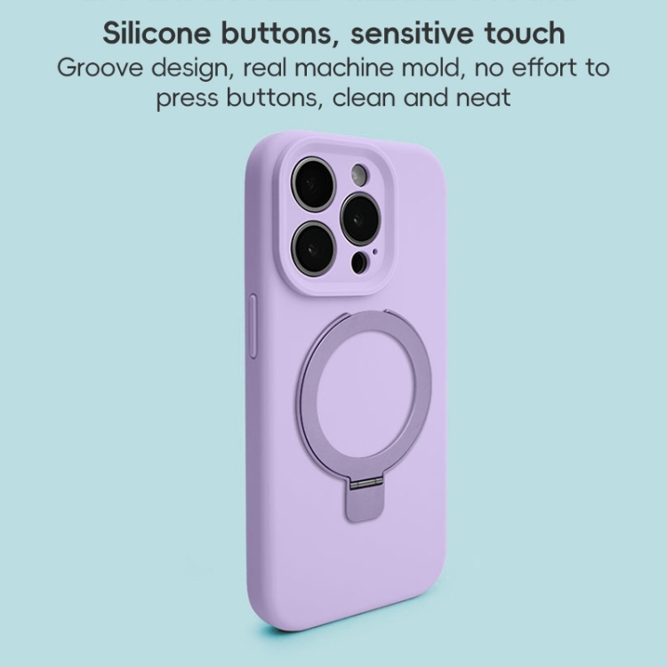 For iPhone 15 Pro Precision Hole Liquid Silicone MagSafe Metal Ring Holder Phone Case(Purple) For iPhone 15 Pro Precision Hole Liquid Silicone MagSafe Metal Ring Holder Phone Case(Purple)