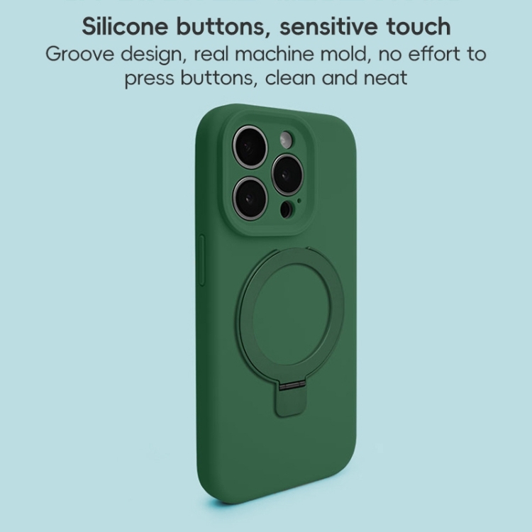 For iPhone 16 Precision Hole Liquid Silicone MagSafe Metal Ring Holder Phone Case(Green) For iPhone 16 Precision Hole Liquid Silicone MagSafe Metal Ring Holder Phone Case(Green)