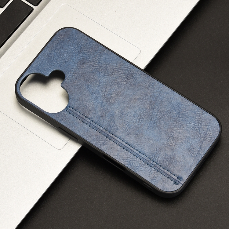 For iPhone 16 Plus Cow Pattern Sewing Card Bag Phone Case(Blue) For iPhone 16 Plus Cow Pattern Sewing Card Bag Phone Case(Blue)