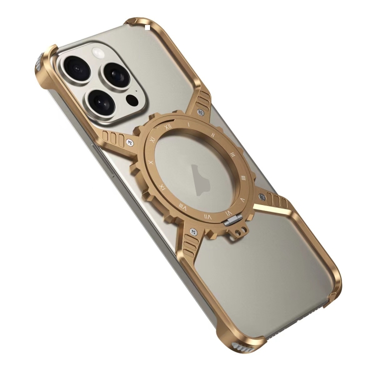 For iPhone 15 Pro / 14 Pro / 13 Pro Mechanical Gear MagSafe Holder Borderless Metal Phone Case(Gold) For iPhone 15 Pro / 14 Pro / 13 Pro Mechanical Gear MagSafe Holder Borderless Metal Phone Case(Gold)