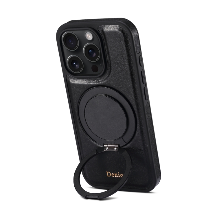 For iPhone 16 Pro Max Denior A17 Genuine Leather Gear Magnetic Holder Phone Case(Black) For iPhone 16 Pro Max Denior A17 Genuine Leather Gear Magnetic Holder Phone Case(Black)