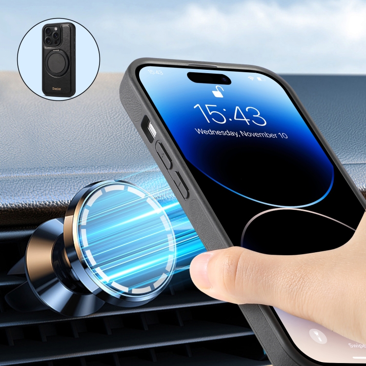 For iPhone 16 Pro Max Denior A17 Genuine Leather Gear Magnetic Holder Phone Case(Black) For iPhone 16 Pro Max Denior A17 Genuine Leather Gear Magnetic Holder Phone Case(Black)