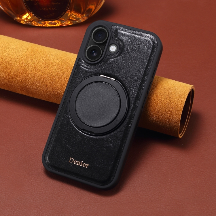 For iPhone 16 Denior A17 Genuine Leather Gear Magnetic Holder Phone Case(Black) For iPhone 16 Denior A17 Genuine Leather Gear Magnetic Holder Phone Case(Black)