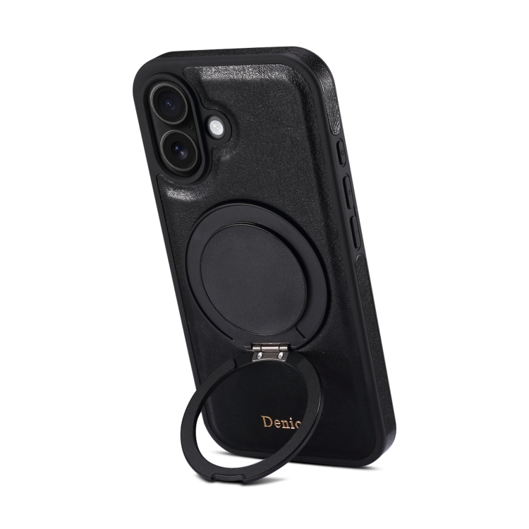 For iPhone 16 Denior A17 Genuine Leather Gear Magnetic Holder Phone Case(Black) For iPhone 16 Denior A17 Genuine Leather Gear Magnetic Holder Phone Case(Black)