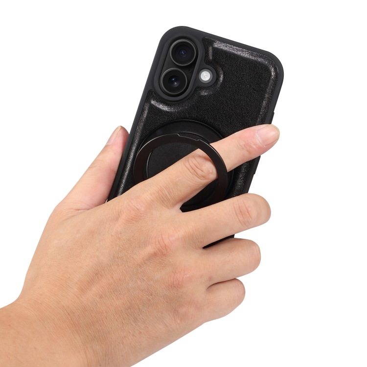 For iPhone 16 Denior A17 Genuine Leather Gear Magnetic Holder Phone Case(Black) For iPhone 16 Denior A17 Genuine Leather Gear Magnetic Holder Phone Case(Black)