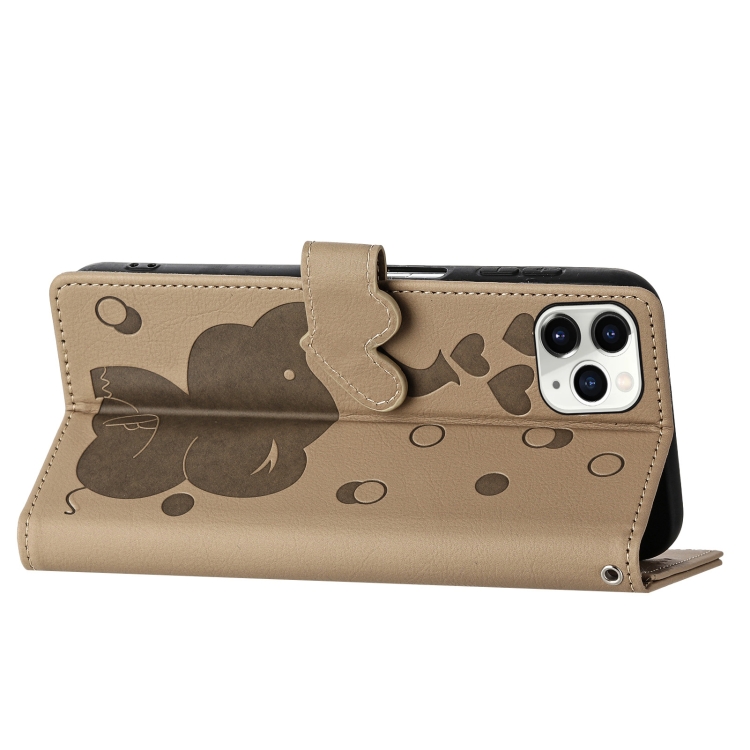 For iPhone 11 Pro Max Cartoon Elephant Embossed Leather Phone Case(Khaki)