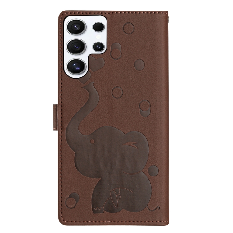 For Samsung Galaxy S24 Ultra 5G Cartoon Elephant Embossed Leather Phone Case(Brown)