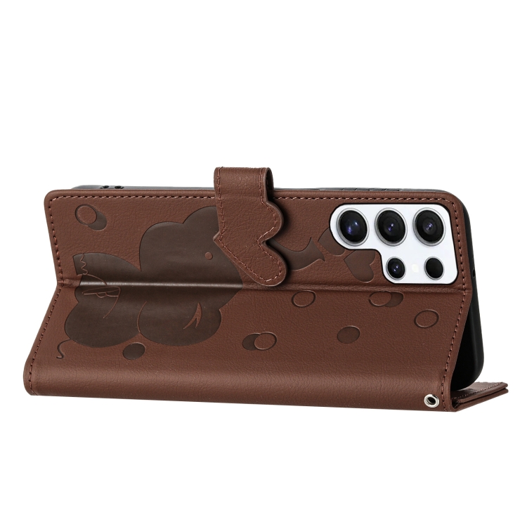For Samsung Galaxy S24 Ultra 5G Cartoon Elephant Embossed Leather Phone Case(Brown)