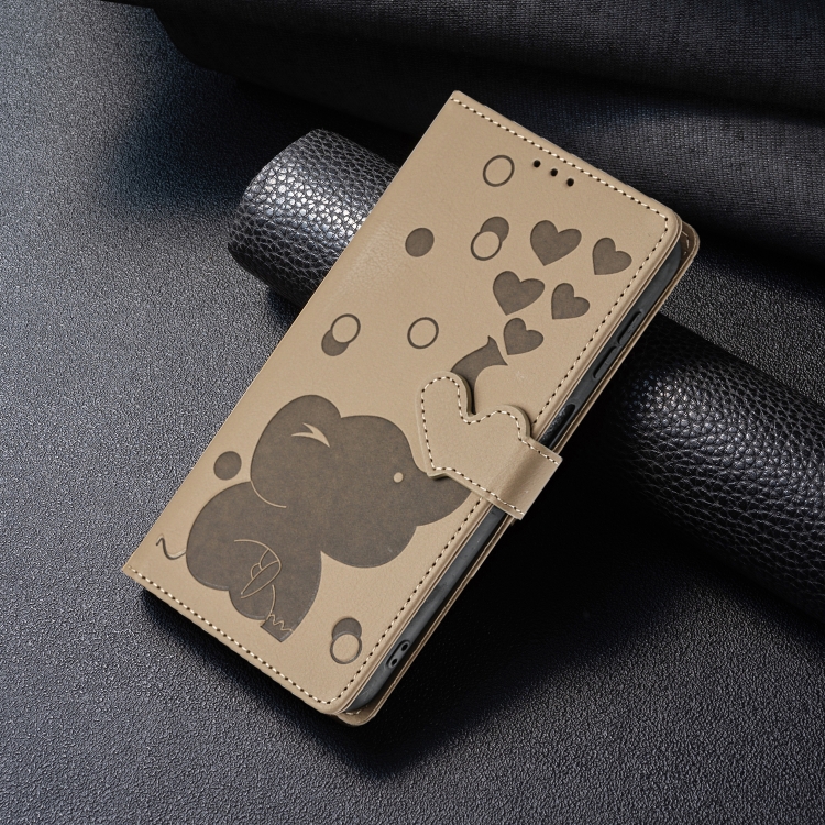 For Samsung Galaxy S23+ 5G Cartoon Elephant Embossed Leather Phone Case(Khaki)