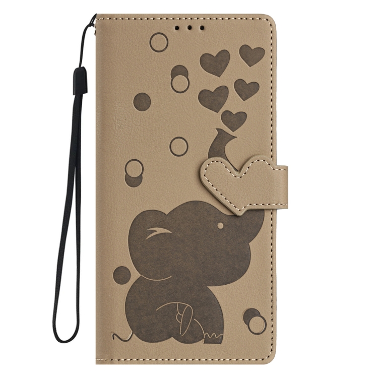 For Samsung Galaxy S23+ 5G Cartoon Elephant Embossed Leather Phone Case(Khaki)