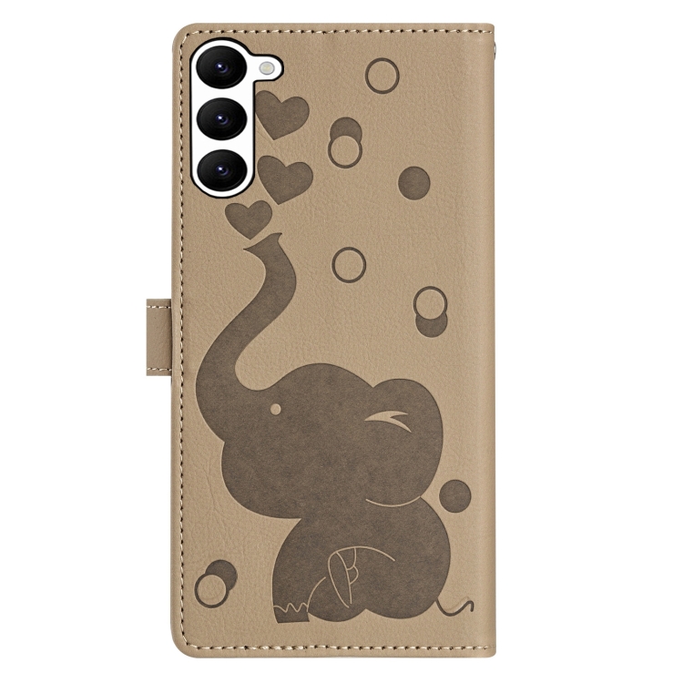 For Samsung Galaxy S23+ 5G Cartoon Elephant Embossed Leather Phone Case(Khaki)