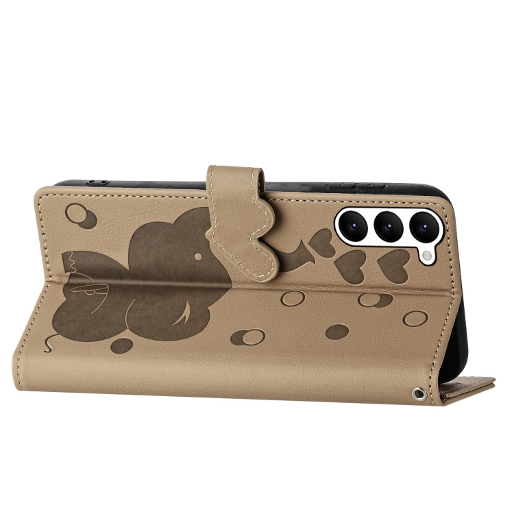 For Samsung Galaxy S23+ 5G Cartoon Elephant Embossed Leather Phone Case(Khaki)