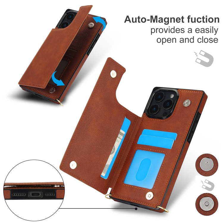 For iPhone 16 Pro Cross-body Square Dual-Buckle Card Flip Wallet Phone Case(Brown) For iPhone 16 Pro Cross-body Square Dual-Buckle Card Flip Wallet Phone Case(Brown)