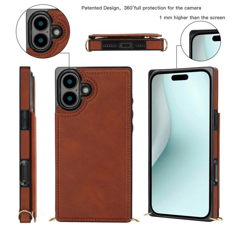 For iPhone 16 Cross-body Square Dual-Buckle Card Flip Wallet Phone Case(Brown) For iPhone 16 Cross-body Square Dual-Buckle Card Flip Wallet Phone Case(Brown)