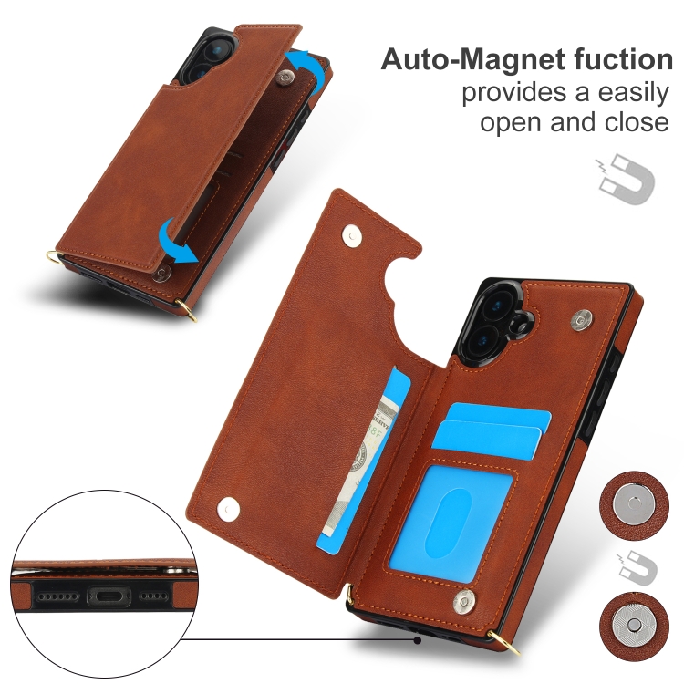 For iPhone 16 Cross-body Square Dual-Buckle Card Flip Wallet Phone Case(Brown) For iPhone 16 Cross-body Square Dual-Buckle Card Flip Wallet Phone Case(Brown)