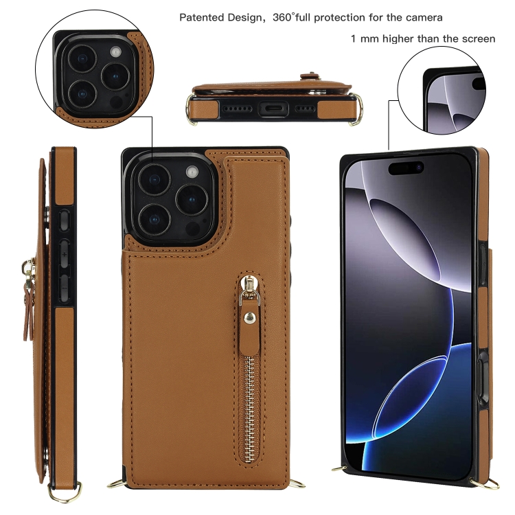 For iPhone 16 Pro Cross-body Zipper Square Phone Case(Brown)