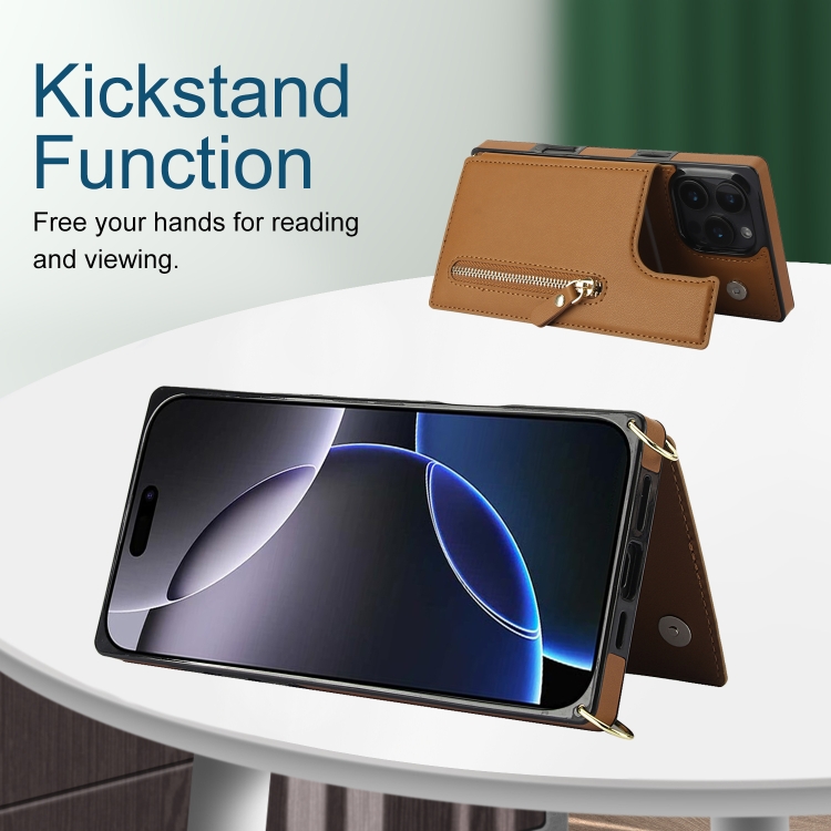 For iPhone 16 Pro Cross-body Zipper Square Phone Case(Brown)