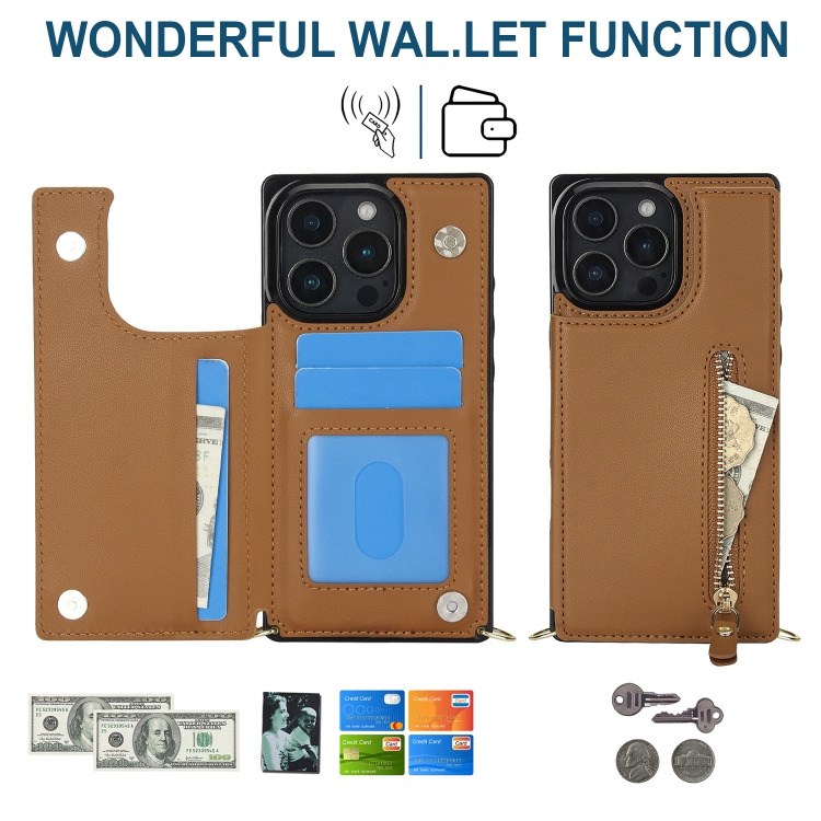 For iPhone 16 Pro Cross-body Zipper Square Phone Case(Brown)