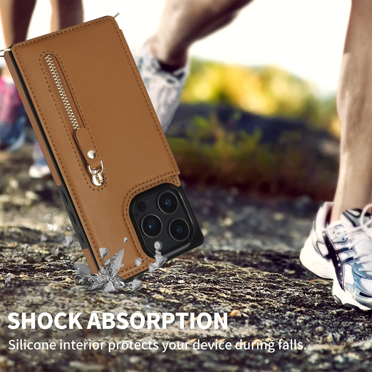 For iPhone 16 Pro Cross-body Zipper Square Phone Case(Brown)