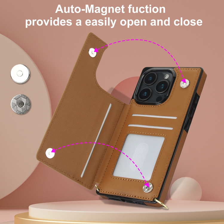 For iPhone 16 Pro Cross-body Zipper Square Phone Case(Brown)