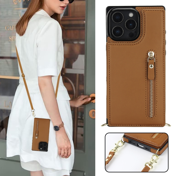 For iPhone 16 Pro Cross-body Zipper Square Phone Case(Brown)