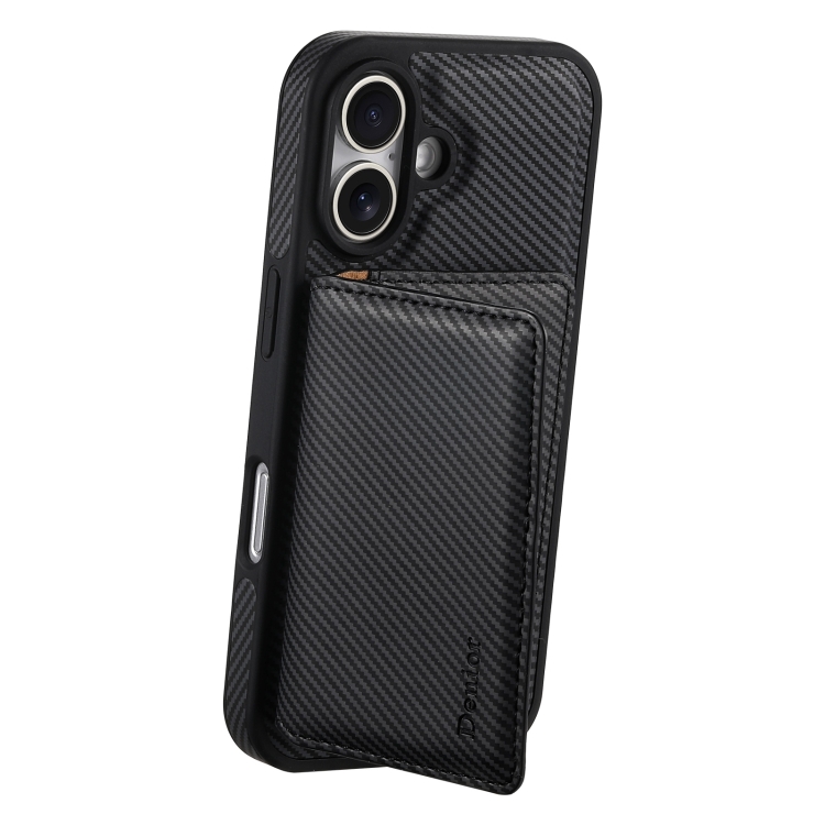 For iPhone 16 Denior Carbon Fiber Texture Leather Card Bag MagSafe Phone Case(Black) For iPhone 16 Denior Carbon Fiber Texture Leather Card Bag MagSafe Phone Case(Black)