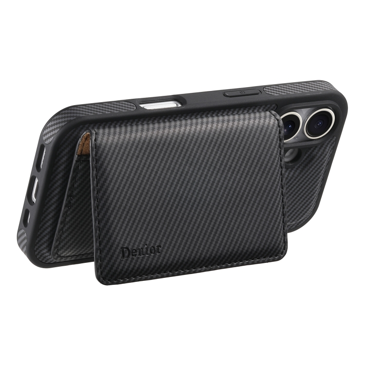 For iPhone 16 Denior Carbon Fiber Texture Leather Card Bag MagSafe Phone Case(Black) For iPhone 16 Denior Carbon Fiber Texture Leather Card Bag MagSafe Phone Case(Black)