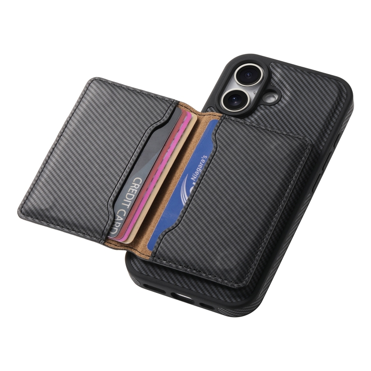 For iPhone 16 Denior Carbon Fiber Texture Leather Card Bag MagSafe Phone Case(Black) For iPhone 16 Denior Carbon Fiber Texture Leather Card Bag MagSafe Phone Case(Black)