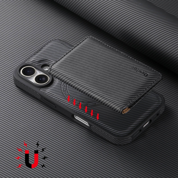 For iPhone 16 Denior Carbon Fiber Texture Leather Card Bag MagSafe Phone Case(Black) For iPhone 16 Denior Carbon Fiber Texture Leather Card Bag MagSafe Phone Case(Black)