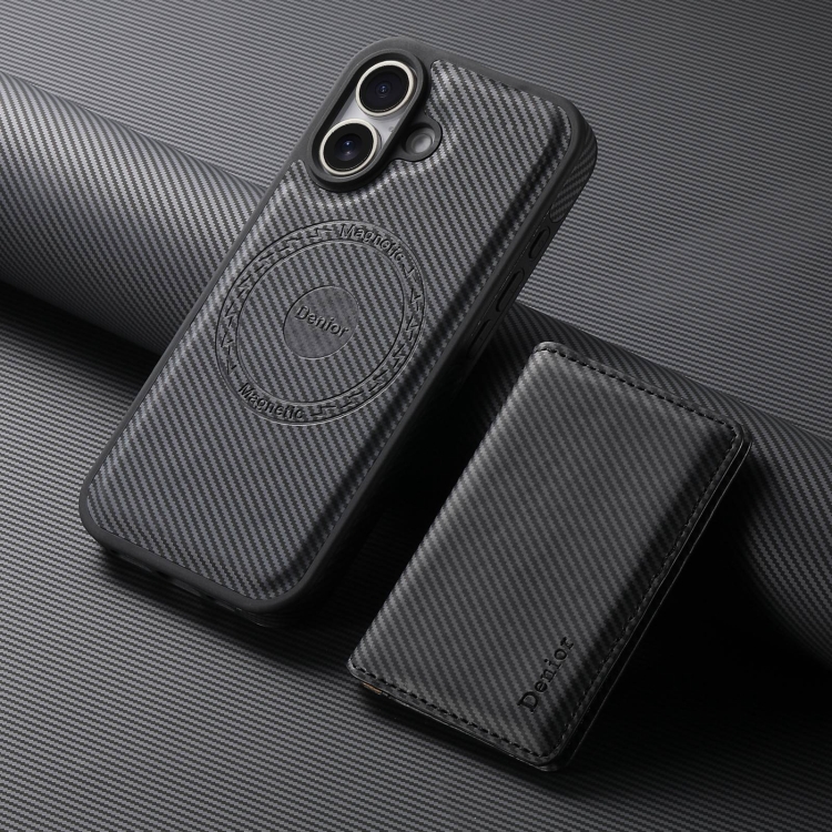 For iPhone 16 Denior Carbon Fiber Texture Leather Card Bag MagSafe Phone Case(Black) For iPhone 16 Denior Carbon Fiber Texture Leather Card Bag MagSafe Phone Case(Black)