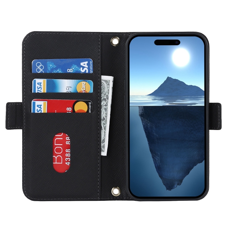 For iPhone 16 Pro Cross Texture Crossbody Lanyard Leather Phone Case(Black) For iPhone 16 Pro Cross Texture Crossbody Lanyard Leather Phone Case(Black)