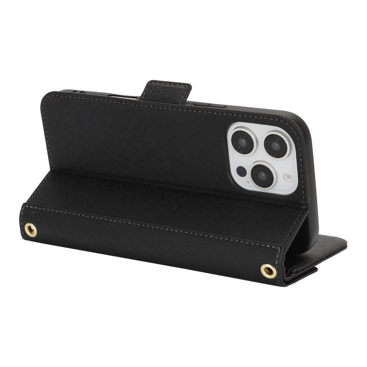 For iPhone 16 Pro Cross Texture Crossbody Lanyard Leather Phone Case(Black) For iPhone 16 Pro Cross Texture Crossbody Lanyard Leather Phone Case(Black)