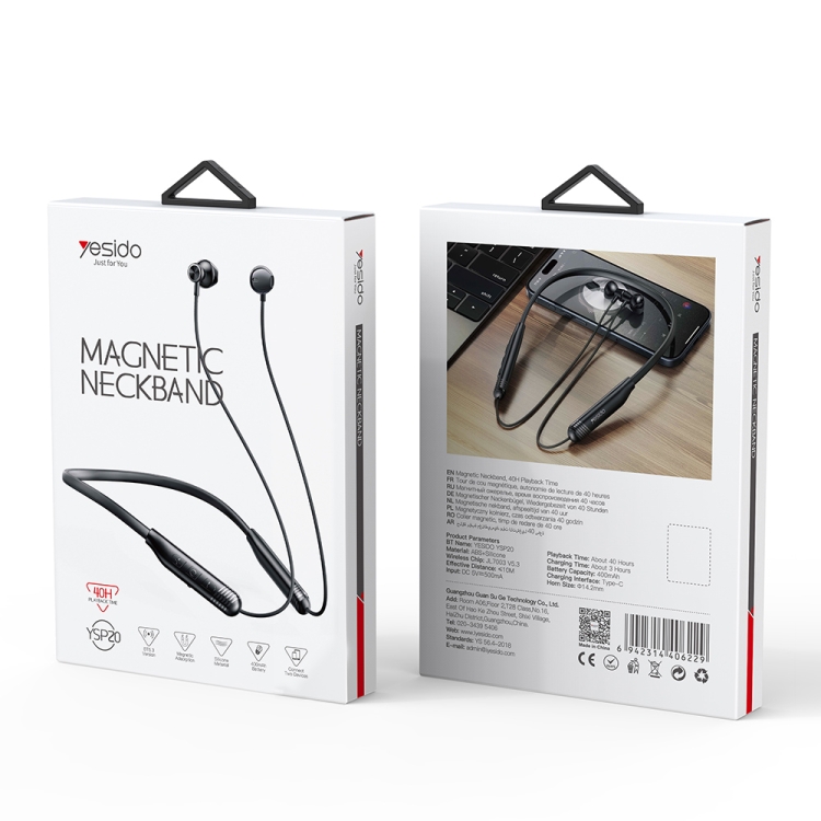 Yesido YSP20 Magnetic Neckband Wireless Bluetooth Earphone(Black) Yesido YSP20 Magnetic Neckband Wireless Bluetooth Earphone(Black)