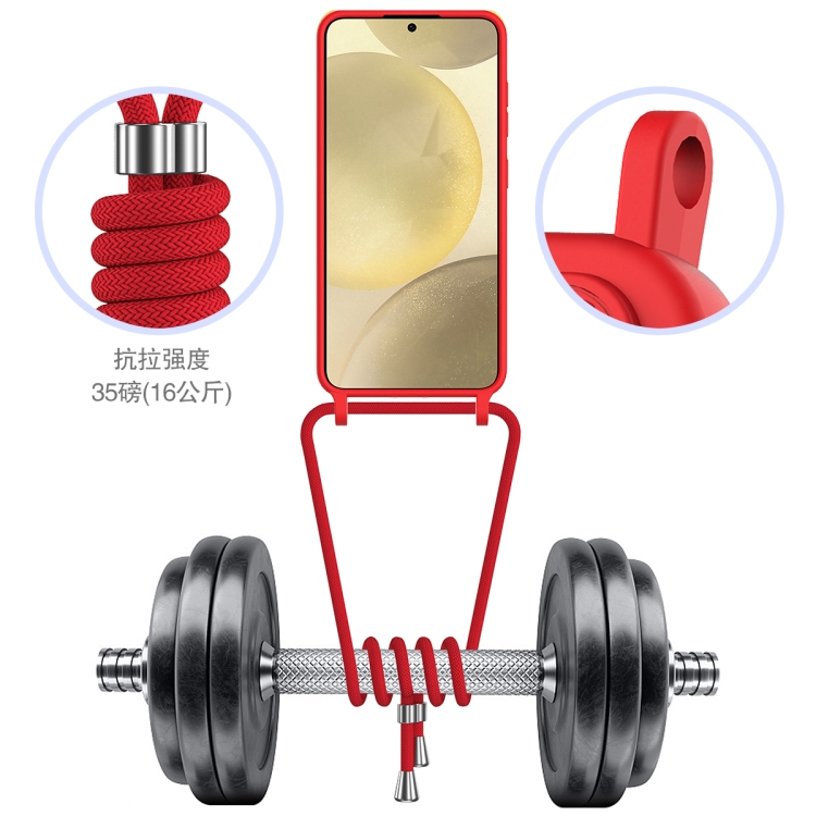 For Samsung Galaxy S25 5G Integrated Card Bag Solid Color Liquid Silicone Phone Case with Lanyard(Red)