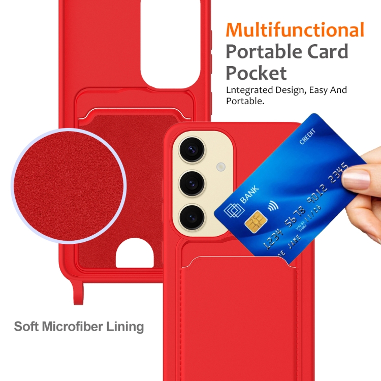 For Samsung Galaxy S25 5G Integrated Card Bag Solid Color Liquid Silicone Phone Case with Lanyard(Red)