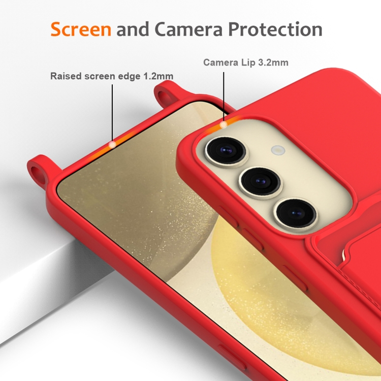 For Samsung Galaxy S25 5G Integrated Card Bag Solid Color Liquid Silicone Phone Case with Lanyard(Red)
