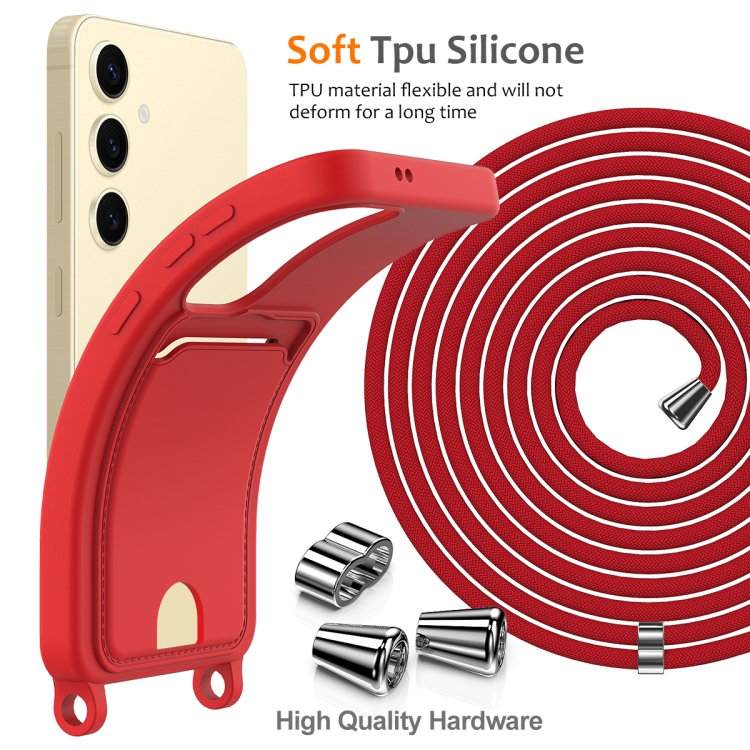 For Samsung Galaxy S25 5G Integrated Card Bag Solid Color Liquid Silicone Phone Case with Lanyard(Red)