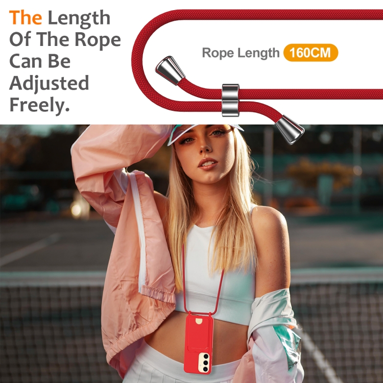 For Samsung Galaxy S25 5G Integrated Card Bag Solid Color Liquid Silicone Phone Case with Lanyard(Red)