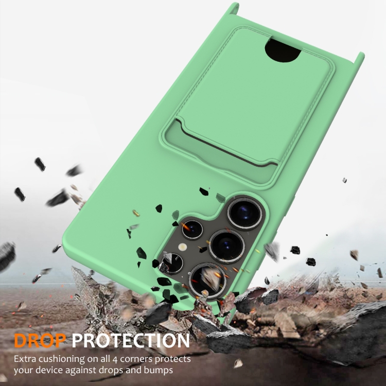 For Samsung Galaxy S25 Ultra 5G Integrated Card Bag Solid Color Liquid Silicone Phone Case with Lanyard(Green) For Samsung Galaxy S25 Ultra 5G Integrated Card Bag Solid Color Liquid Silicone Phone Case with Lanyard(Green)