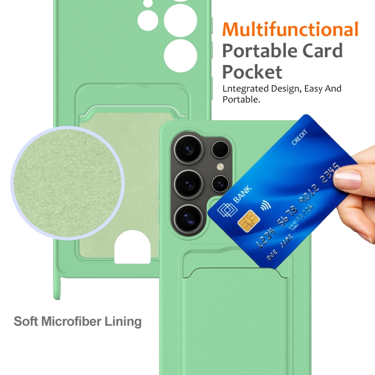 For Samsung Galaxy S25 Ultra 5G Integrated Card Bag Solid Color Liquid Silicone Phone Case with Lanyard(Green) For Samsung Galaxy S25 Ultra 5G Integrated Card Bag Solid Color Liquid Silicone Phone Case with Lanyard(Green)