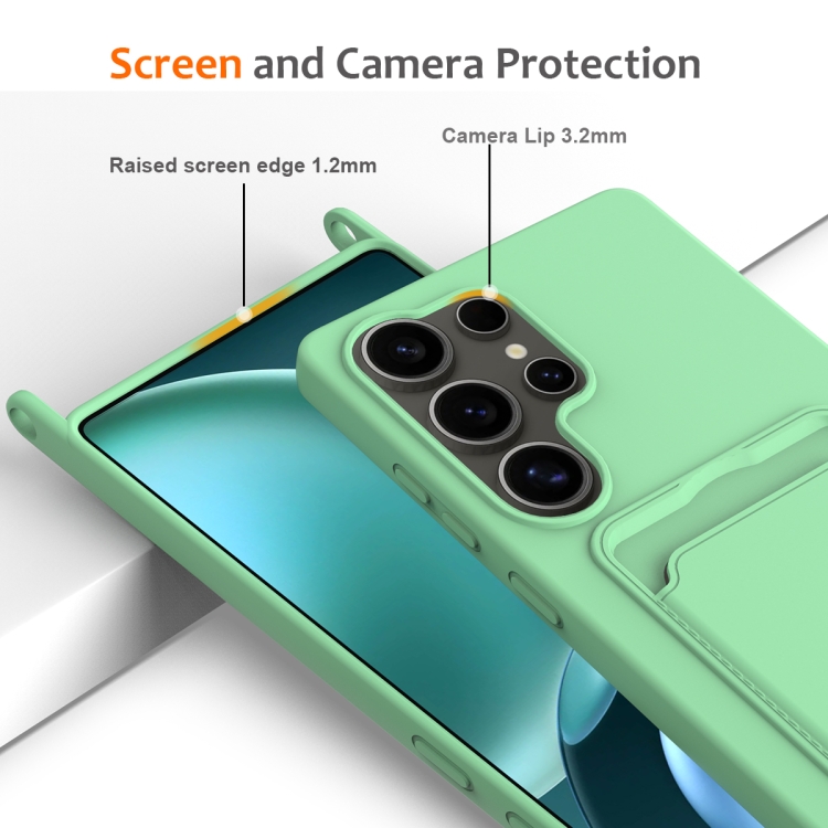 For Samsung Galaxy S25 Ultra 5G Integrated Card Bag Solid Color Liquid Silicone Phone Case with Lanyard(Green) For Samsung Galaxy S25 Ultra 5G Integrated Card Bag Solid Color Liquid Silicone Phone Case with Lanyard(Green)