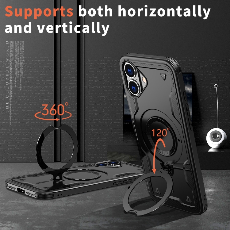 For iPhone 16 Plus PC Hybrid TPU Armor MagSafe Ring Holder Phone Case(Black) For iPhone 16 Plus PC Hybrid TPU Armor MagSafe Ring Holder Phone Case(Black)
