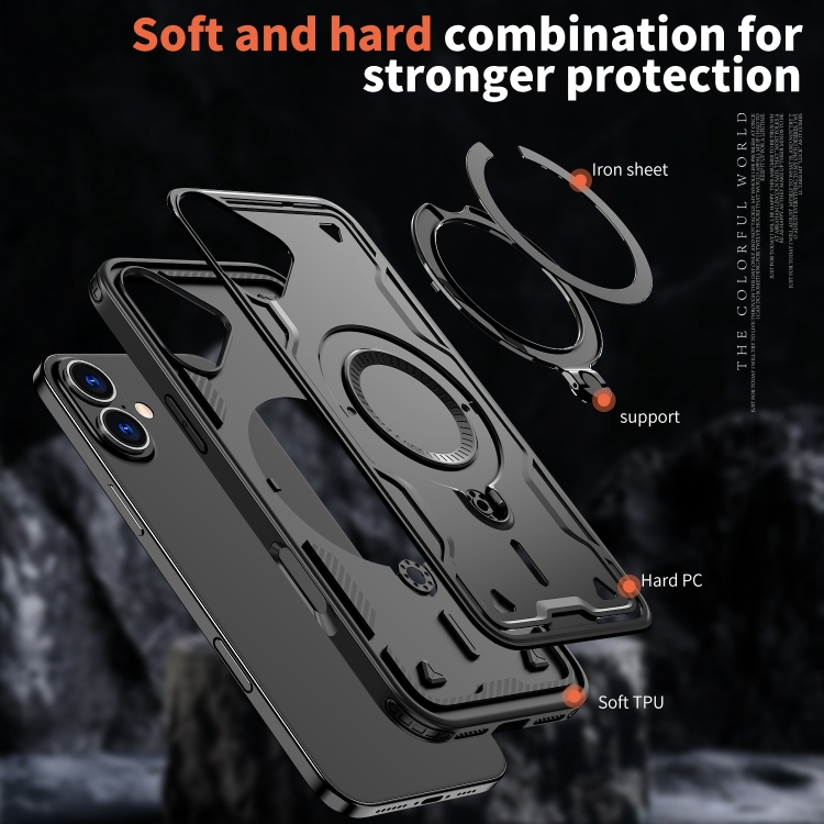 For iPhone 16 Plus PC Hybrid TPU Armor MagSafe Ring Holder Phone Case(Black) For iPhone 16 Plus PC Hybrid TPU Armor MagSafe Ring Holder Phone Case(Black)