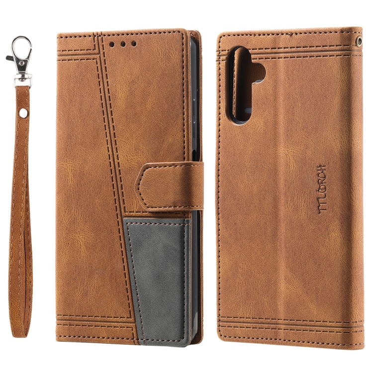 For Samsung Galaxy S25 5G TTUDRCH Embossed Line Splicing Leather Phone Case(Brown) For Samsung Galaxy S25 5G TTUDRCH Embossed Line Splicing Leather Phone Case(Brown)