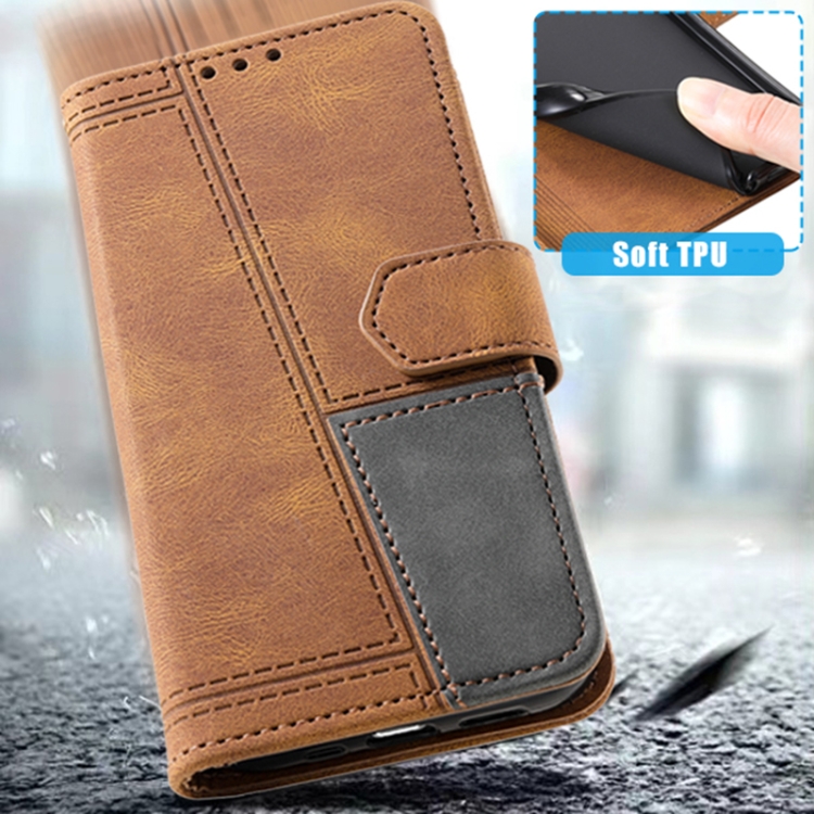 For Samsung Galaxy S25 5G TTUDRCH Embossed Line Splicing Leather Phone Case(Brown) For Samsung Galaxy S25 5G TTUDRCH Embossed Line Splicing Leather Phone Case(Brown)