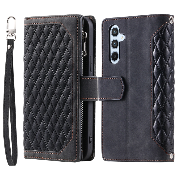 For Samsung Galaxy S25+ 5G Grid Texture Zipper Leather Phone Case with Lanyard(Black) For Samsung Galaxy S25+ 5G Grid Texture Zipper Leather Phone Case with Lanyard(Black)