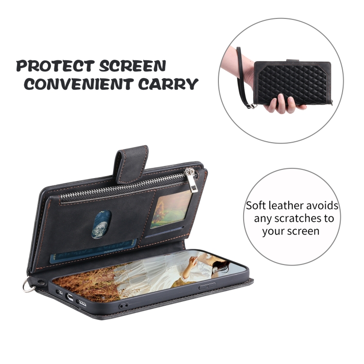 For Samsung Galaxy S25+ 5G Grid Texture Zipper Leather Phone Case with Lanyard(Black) For Samsung Galaxy S25+ 5G Grid Texture Zipper Leather Phone Case with Lanyard(Black)